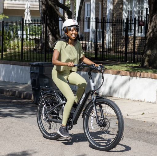 A woman riding a CTI 3 e-bike