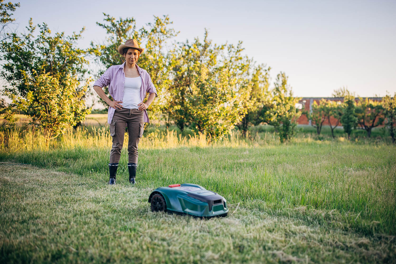 Une femme agricultrice laisse la tondeuse robotisée couper l'herbe