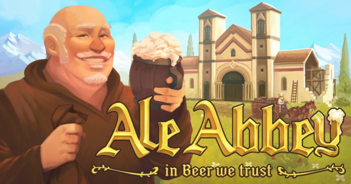 Un moine en robe marron se tient au premier plan avec un bâtiment en arrière-plan avec le titre du jeu Ale Abbey in Beer we Trust