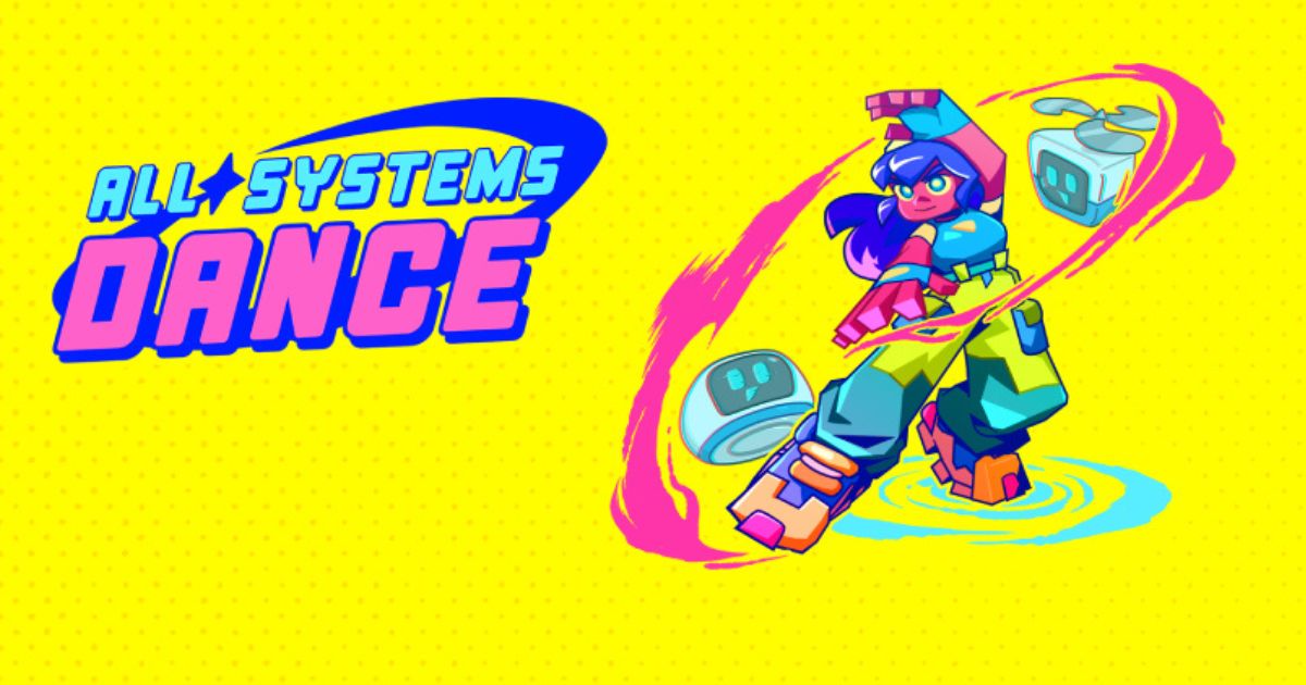 Un personnage rose avec deux robots à côté d’elle avec un fond jaune et le texte All Systems Dance