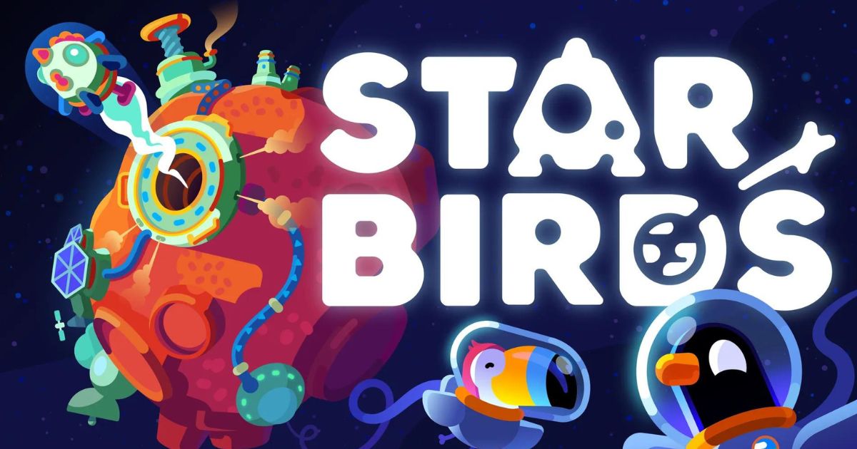 Un astéroïde coloré en arrière-plan avec deux oiseaux dans des combinaisons spatiales flottant au premier plan avec le texte en gras STAR BIRDS