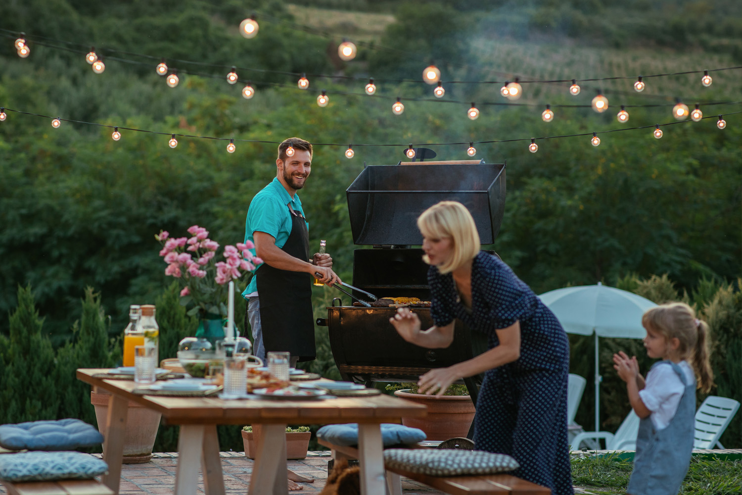 Cozy patio set up for summer BBQ