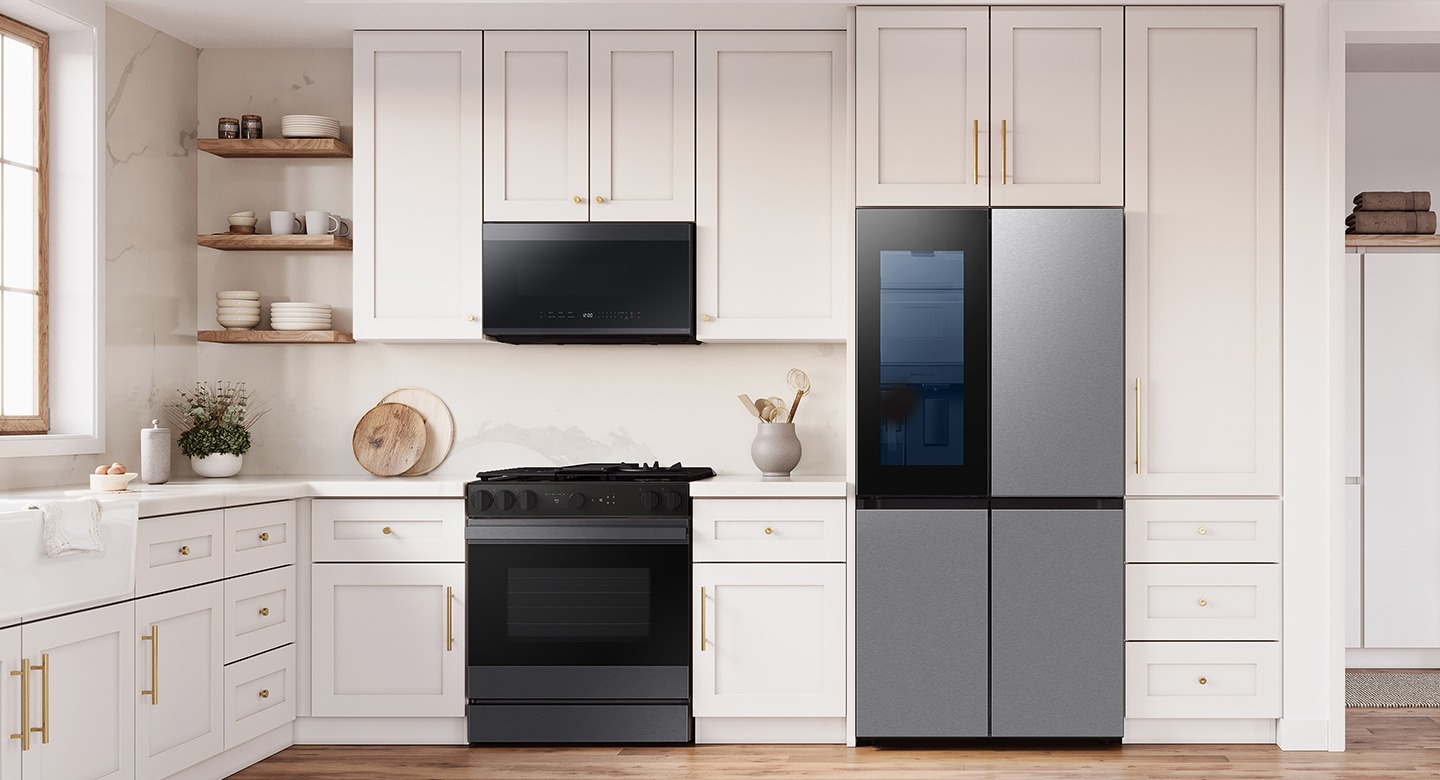 Refrigerator and range set up in a modern kitchen