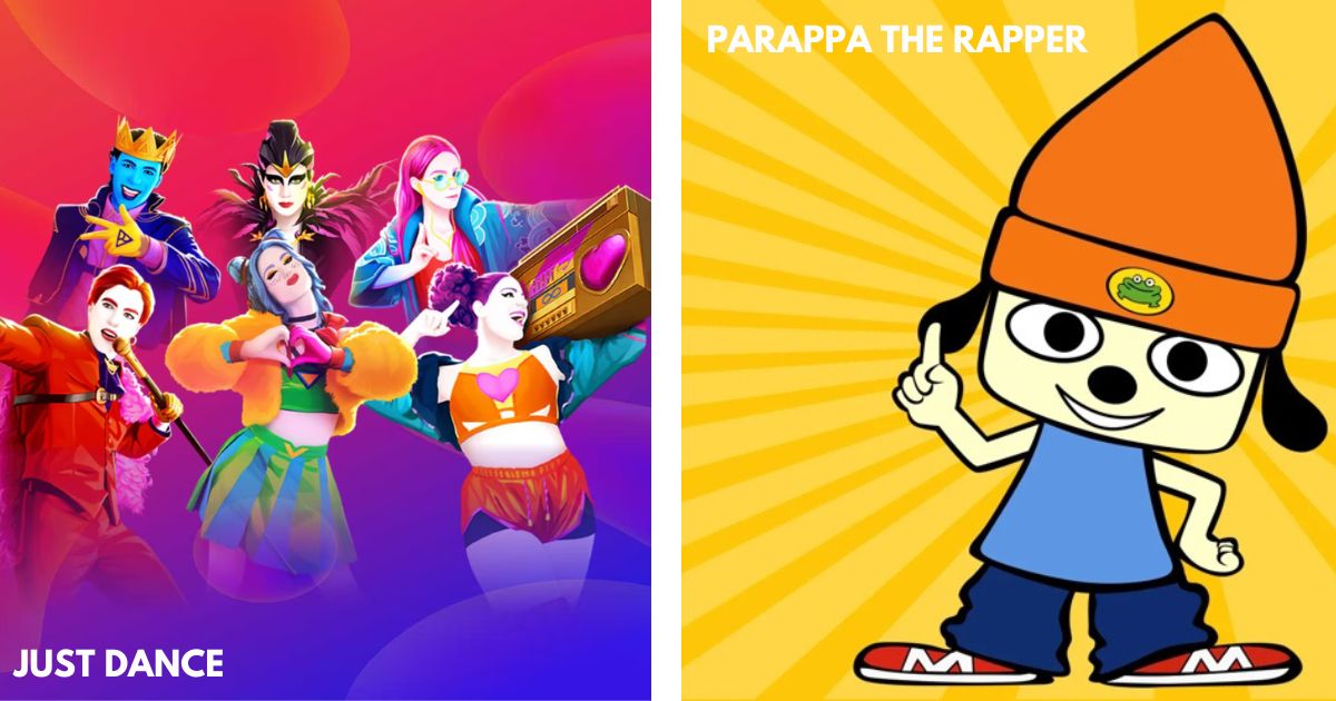 Video Game Action Banner featuring music games from left to right Just Dance and Parappa the Rapper