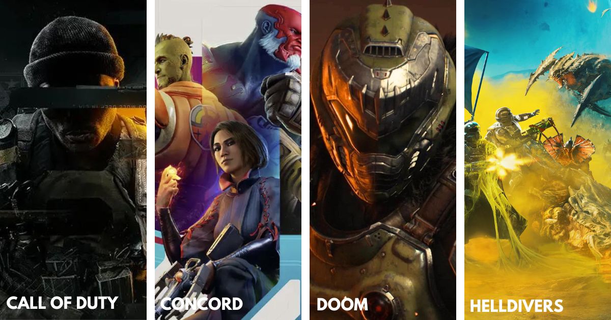 Video Game Action Banner featuring shooting games from left to right Call of Duty, Concord, Doom and Helldivers