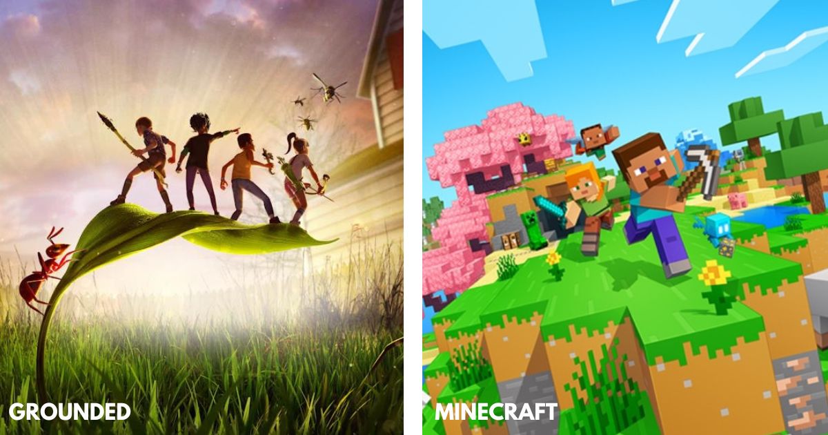 Bannière de jeux d'action mettant en vedette les jeux de survie Grounded et Minecraft