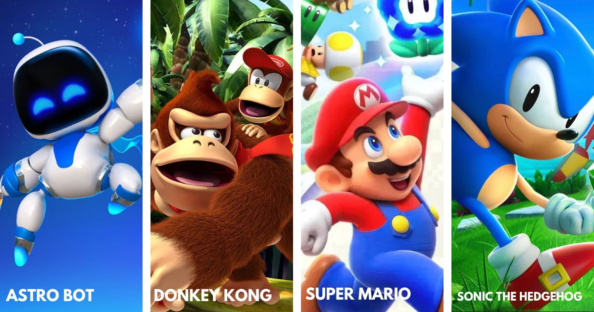 Video Game Action Banner featuring platform games from left to right Astro Bot, Donkey Kong, Super Mario and Sonic