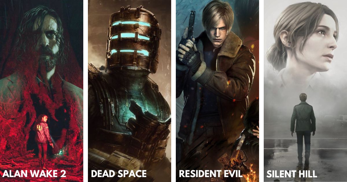 Video Game Action Banner featuring Survival Horror games from left to right Alan Wake 2, Dead Space, Resident Evil and Silent Hill