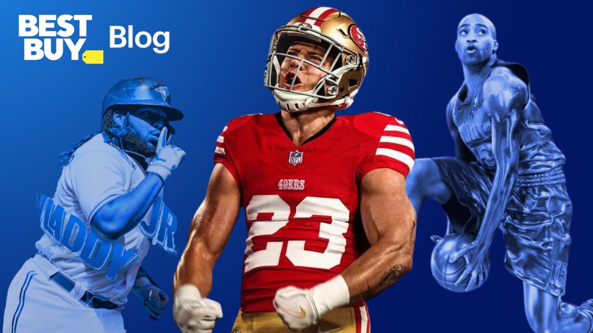 video game sports banner image featuring blue jays player, football player and a basketball player