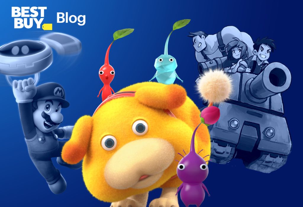 Video game strategy banner featuring Mario, Pikmin 4 and advance war characters.