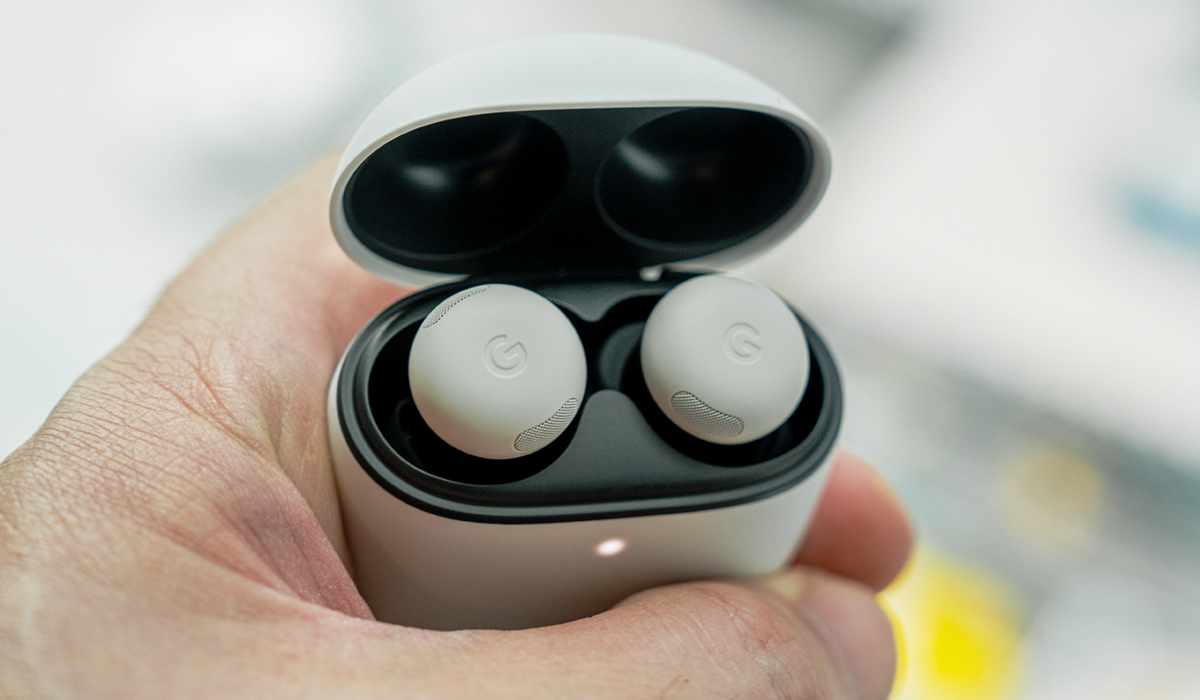 Google Pixel Buds Pro 2 in their case with open lid.