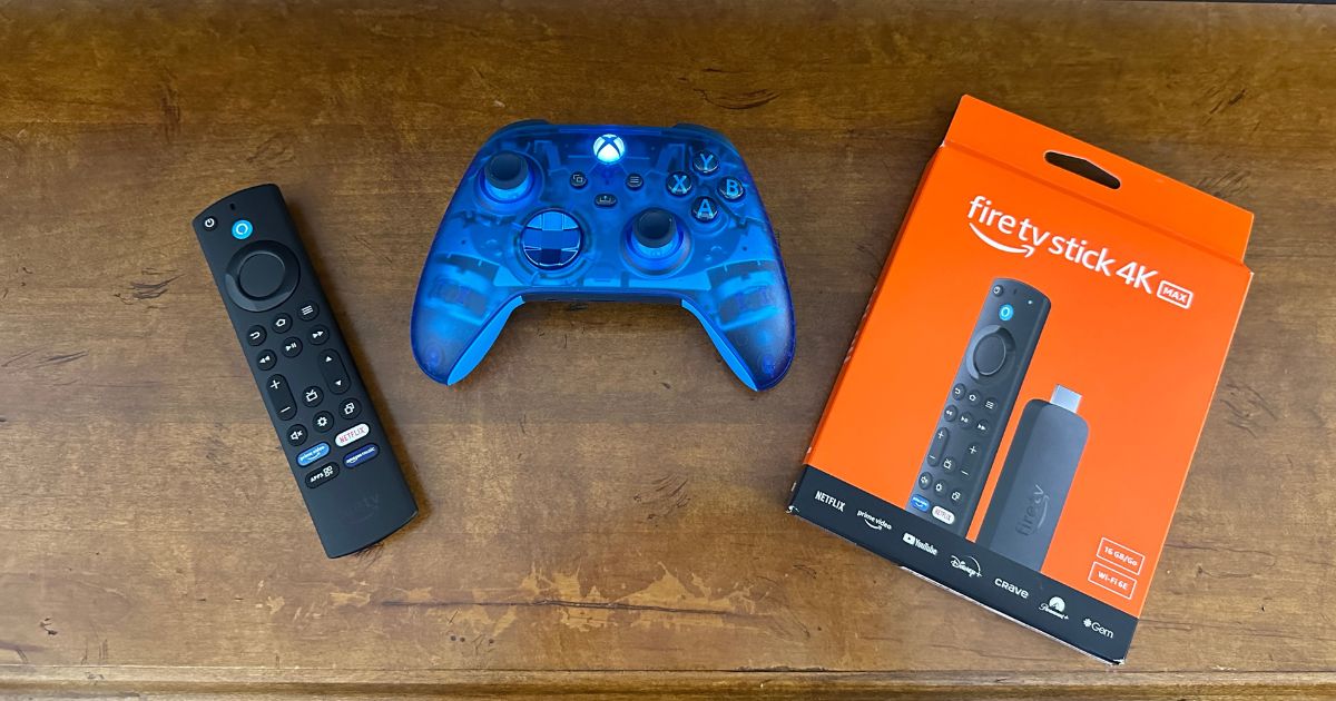 An Xbox Controller, Amazon Fire TV Stick and its remote.