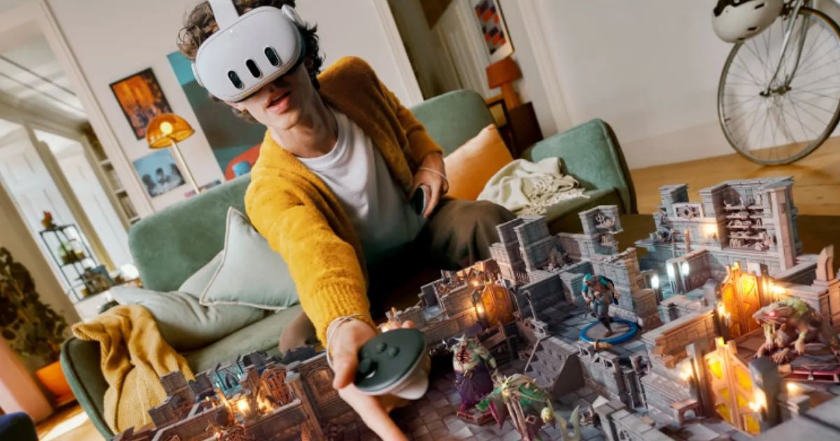 An augmented reality user playing with the Meta Quest 3 over a virtual medieval game setting. 