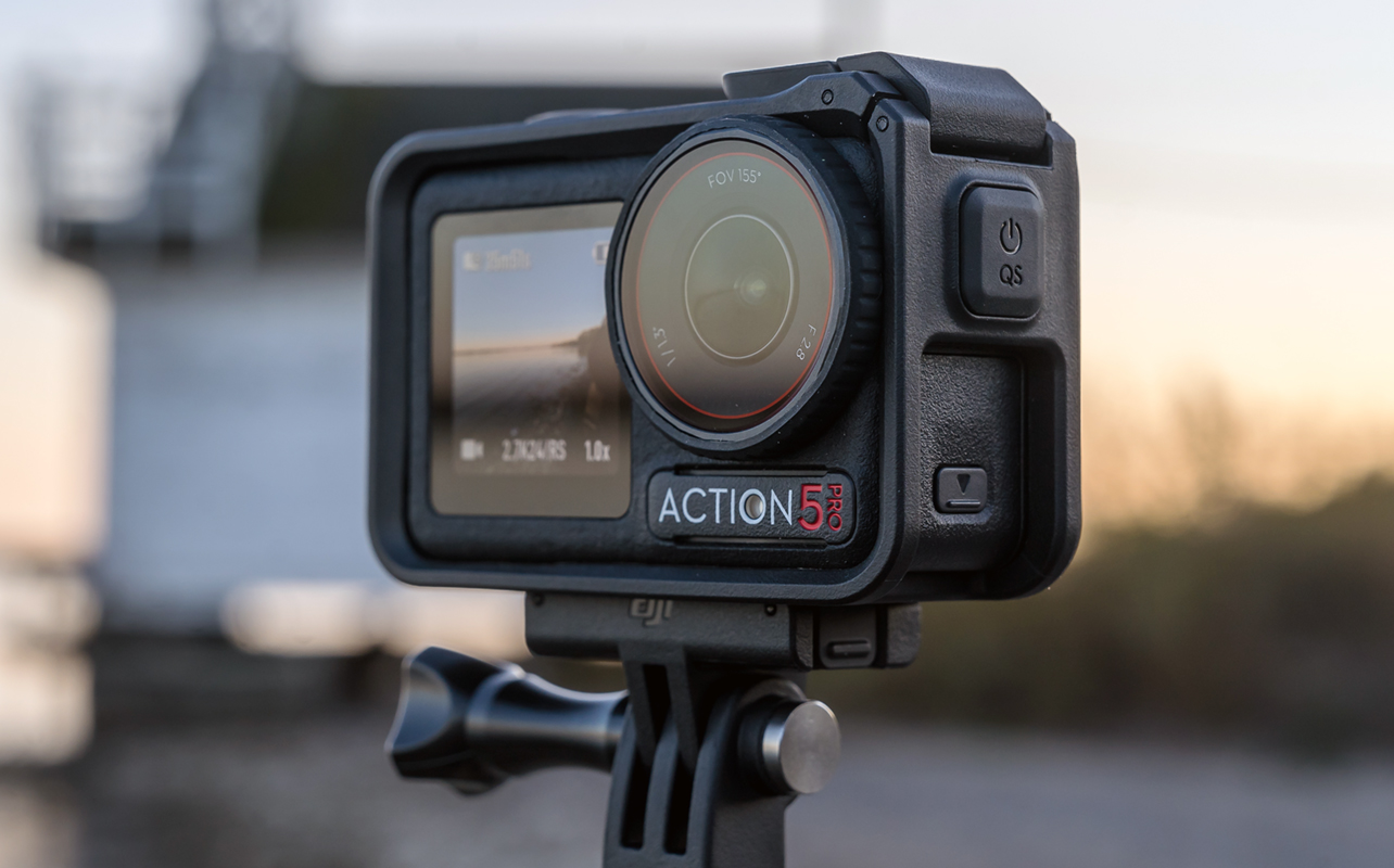 DJI Osmo Action 5 Pro mounted with protective frame.