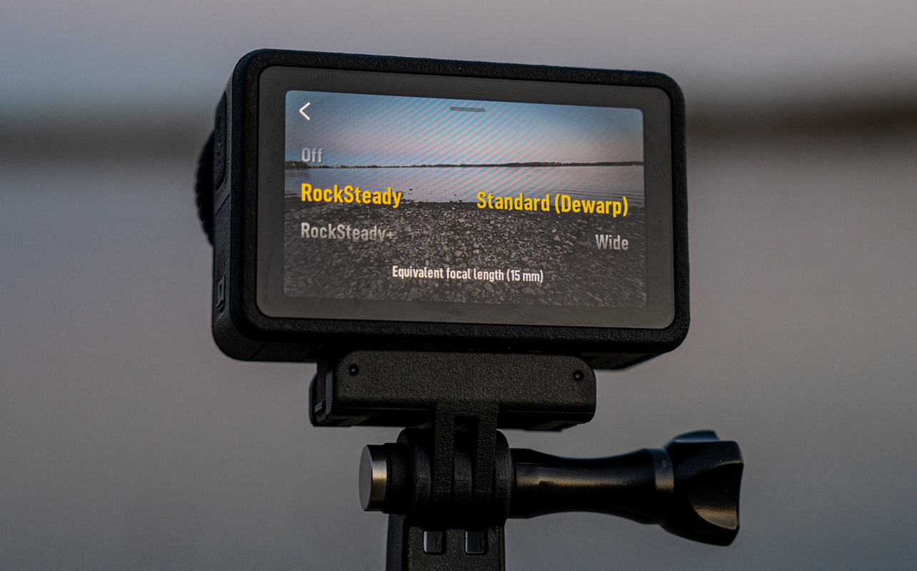 DJI Osmo Action 5 Pro stabilization settings on rear screen.