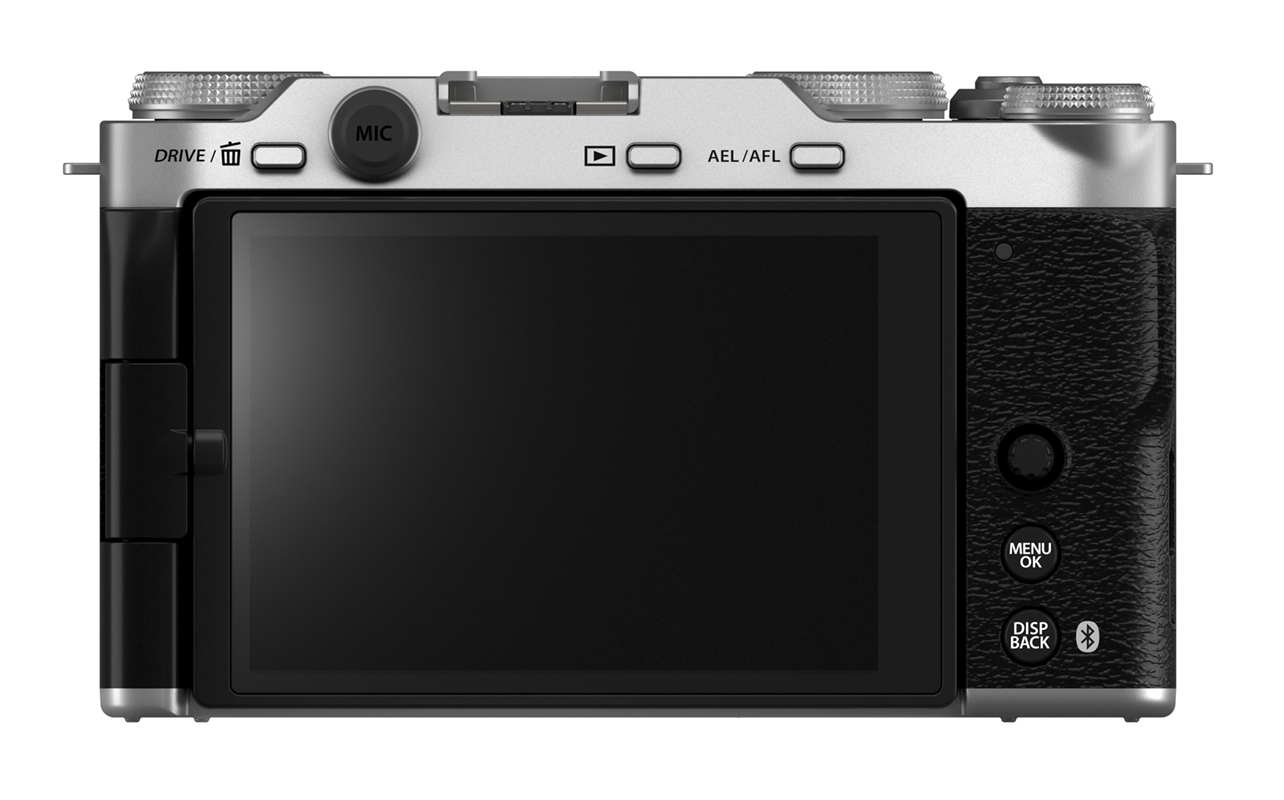 Fujifilm X-M5 back with articulating screen closed.