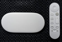 Google TV Streamer box next to remote.