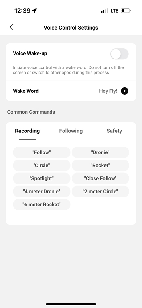 DJI Fly app screenshot showing voice control for Neo drone.