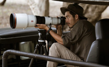 Man shooting with Sony Alpha 1 II outdoors in wildlife.