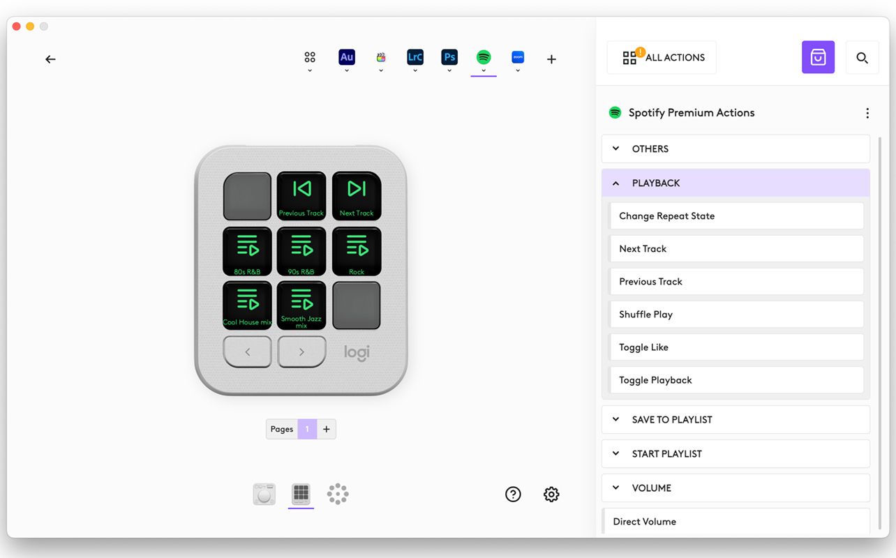 Logitech MX Creative Console Logi Options+ software showing Spotify setup for Keypad.