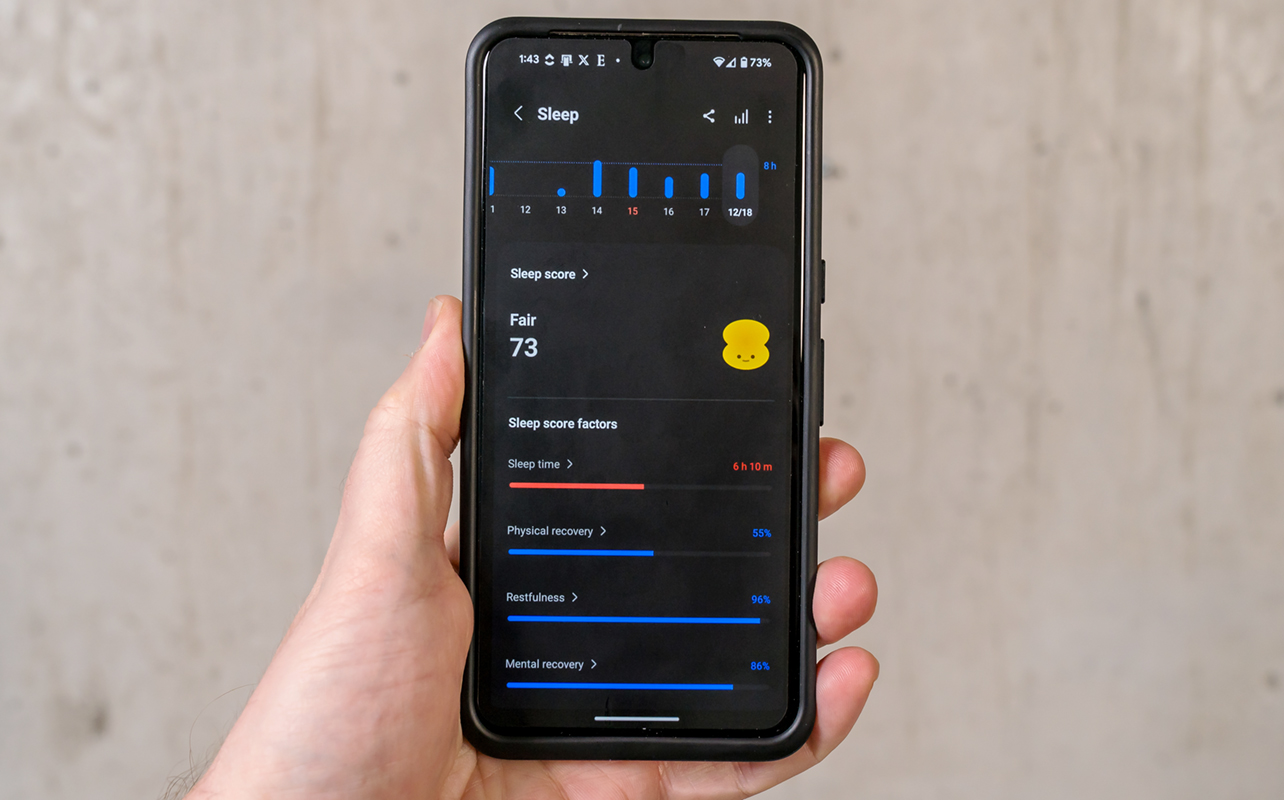 Samsung Health screen on Android phone showing sleep metrics tracked by Samsung Galaxy Watch7.