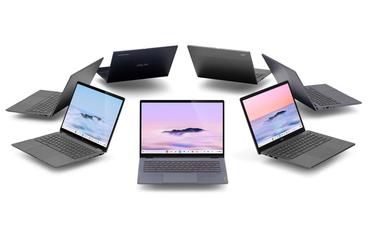 Lineup of Chromebook Plus laptops.