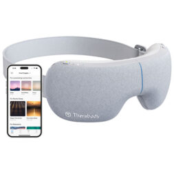 Therabody smart goggles and iPhone, displaying the matching app