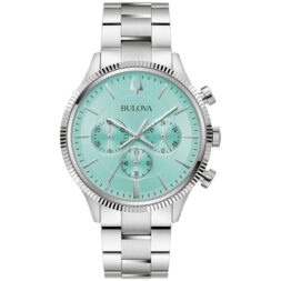 Bulova men’s classic quartz watch has a silver-tone stainless steel case combined with a coin edge bezel. It also features a vibrant turquoise dial appointed with silver-tone skeletonized hands and hour markers and chronograph sub dials.