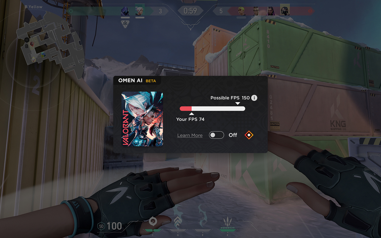 Capture d'écran montrant les capacités d'évaluation de l'IA Omen de HP pendant une partie de Valorant.