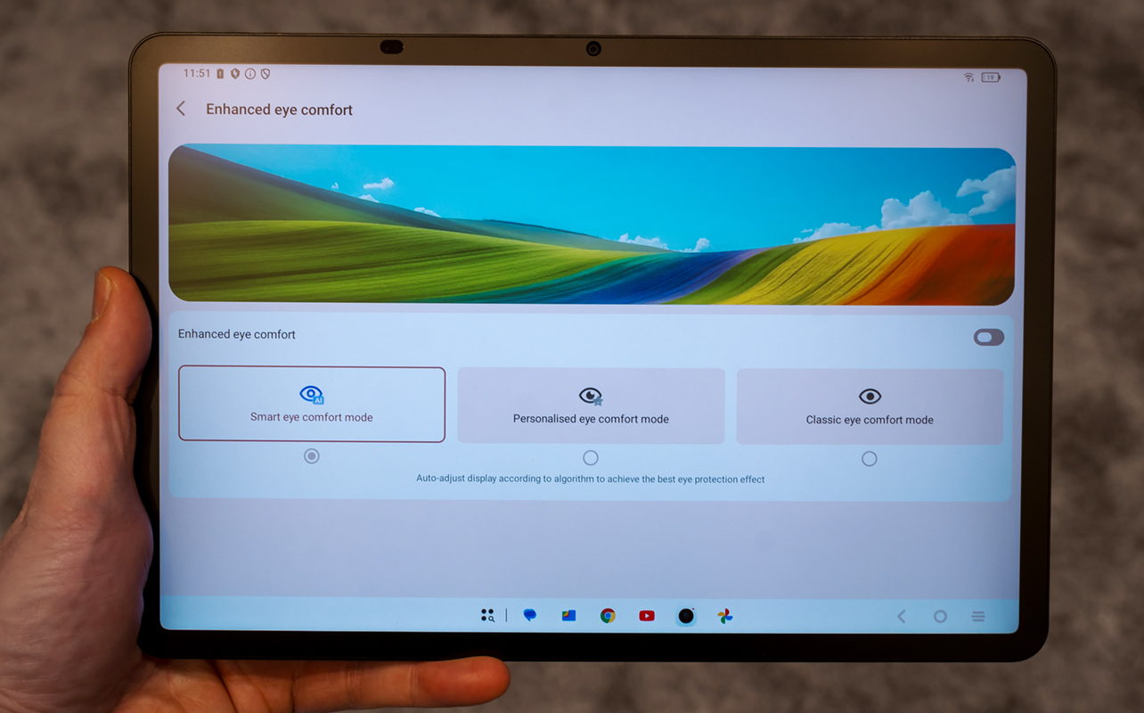 TCL NXTPAPER 11 Plus tabet showing eye care modes users can select.
