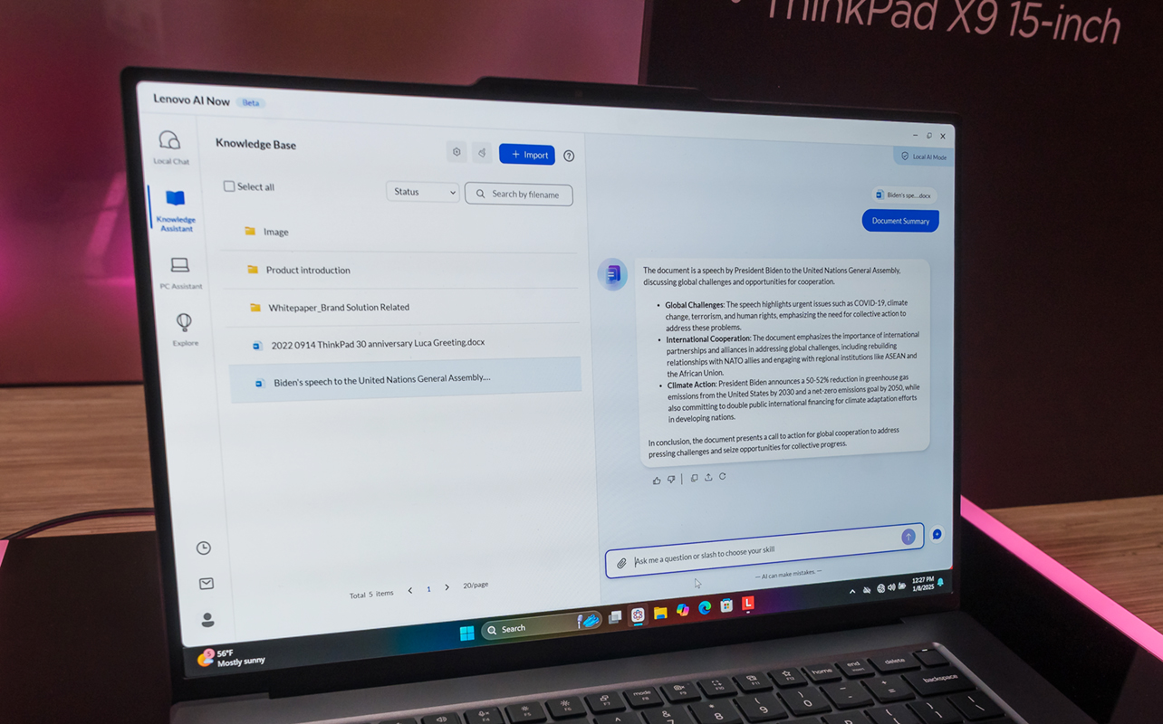 Lenovo ThinkPad X9 showing AI Now onscreen at CES 2025.