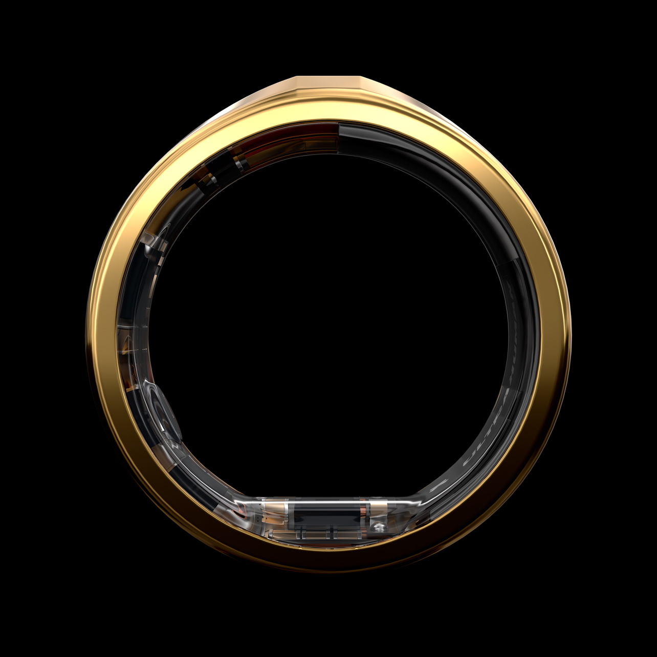 Ultrahuman Ring in bionic gold on black background.