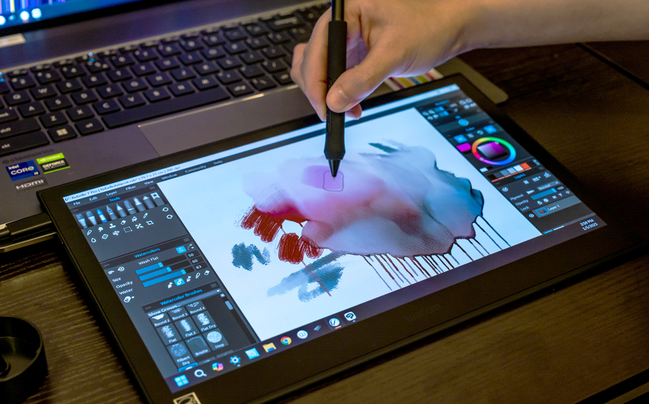 Wacom Cintiq Pro 17 with a pen drawing onscreen at CES 2025.