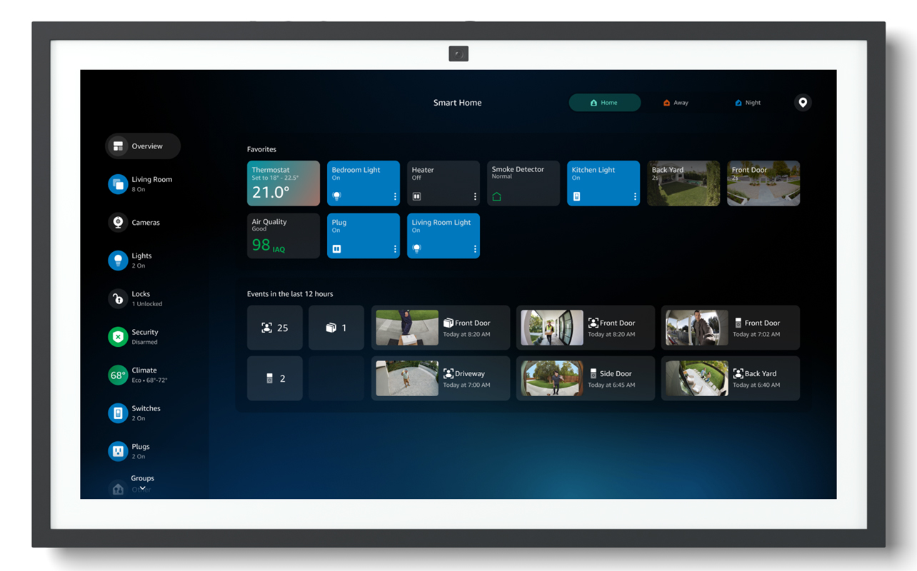 Smart home dashboard on an Echo Show with Alexa+.