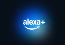 Alexa+ logo in white on blue and black background.