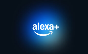 Alexa+ logo in white on blue and black background.