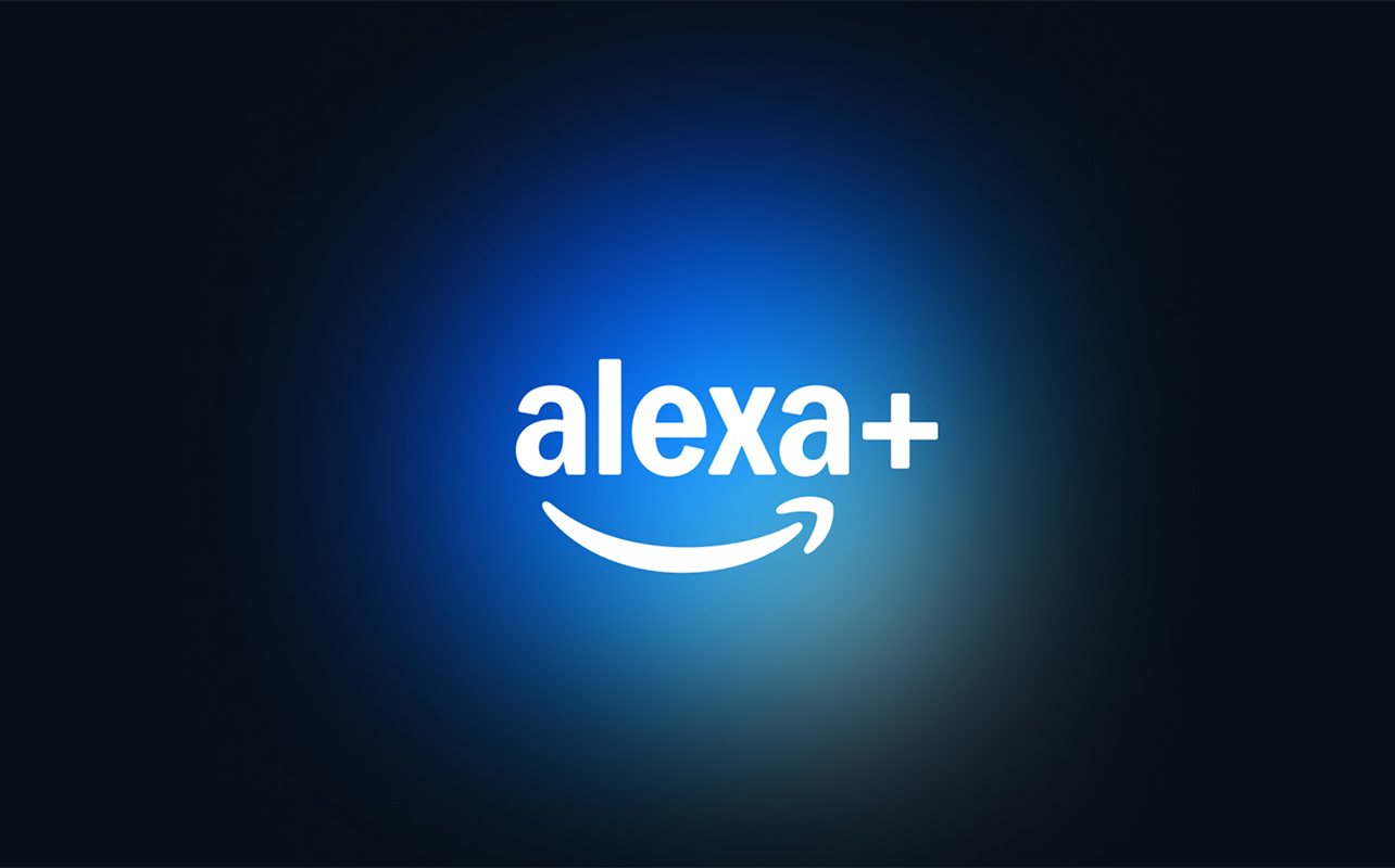 Alexa+ logo in white on blue and black background.