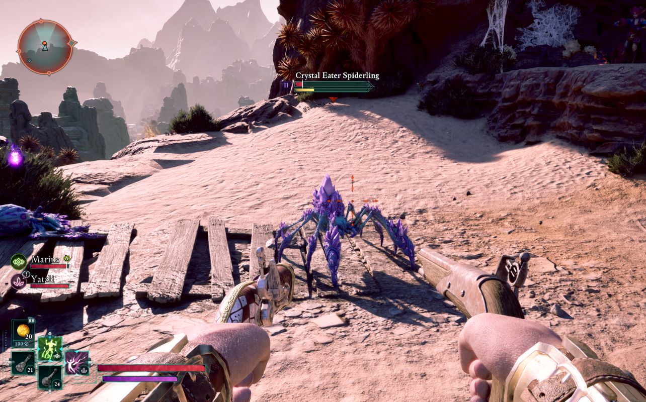 Avowed video game screenshot with dual guns pointed at a spider creature.