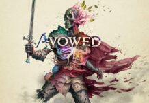 Avowed videogame banner with an artistic looking skeleton with a sword