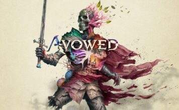 Avowed videogame banner with an artistic looking skeleton with a sword