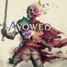 Avowed videogame banner with an artistic looking skeleton with a sword