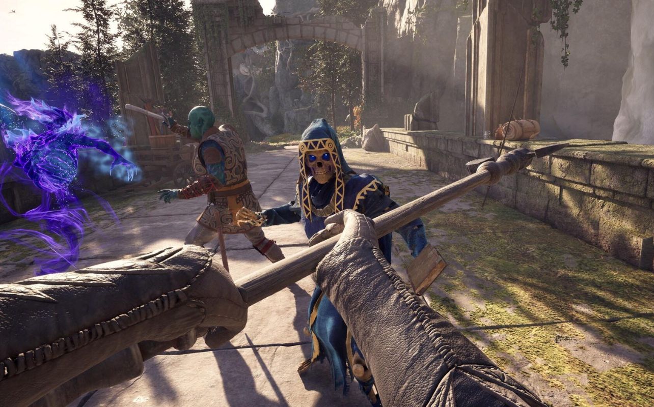 Avowed video game screenshot showing two foes about to get struck with an axe.