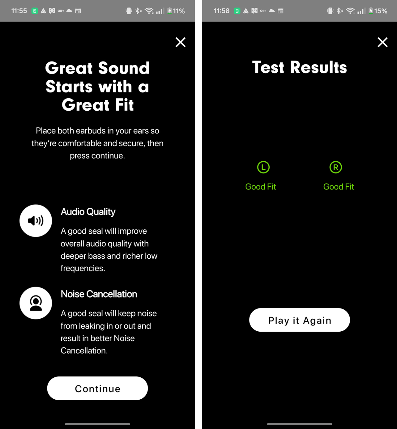 Beats by Dr. Dre Powerbeats Pro 2 Android screenshots showing Fit Test.