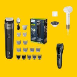 Personal care products including Philips Series 5000 Multi-Groomer Kit, Laifen Premium Hair Dryer, and Panasonic Beard & Hair Trimmer.