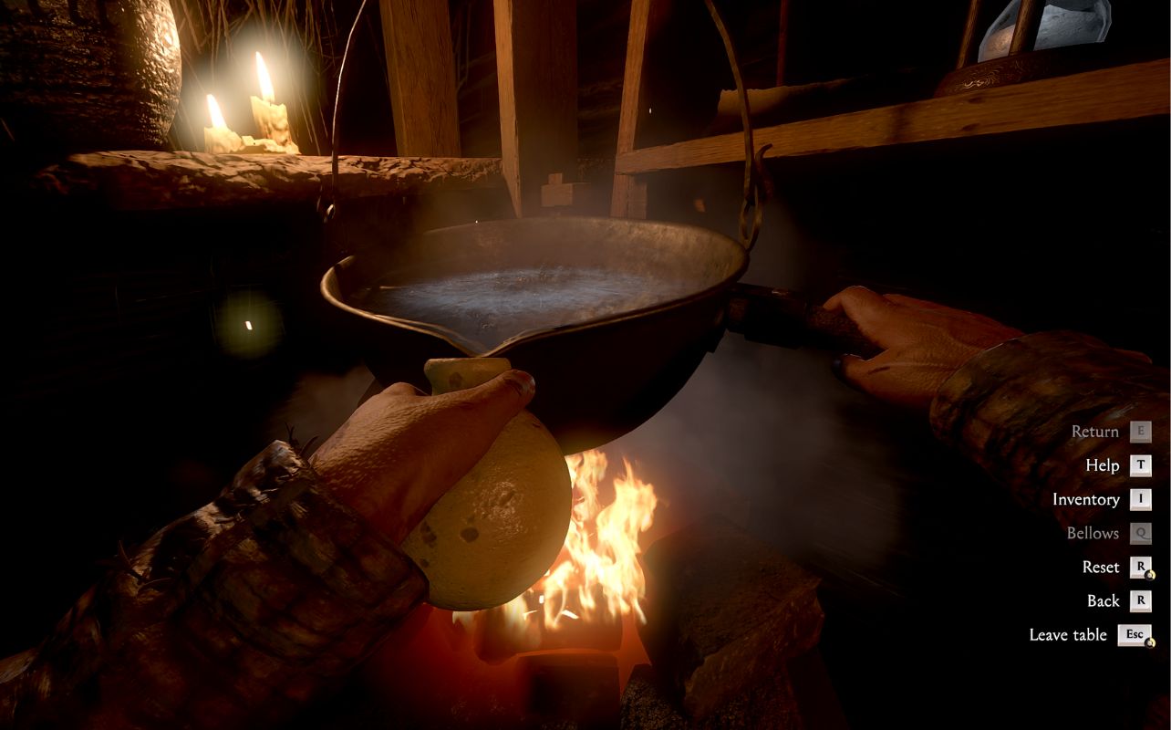 A screenshot of the video game Kingdom Come Deliverance II with the player creating a mixture in a boiling pot and draining it into a vial.