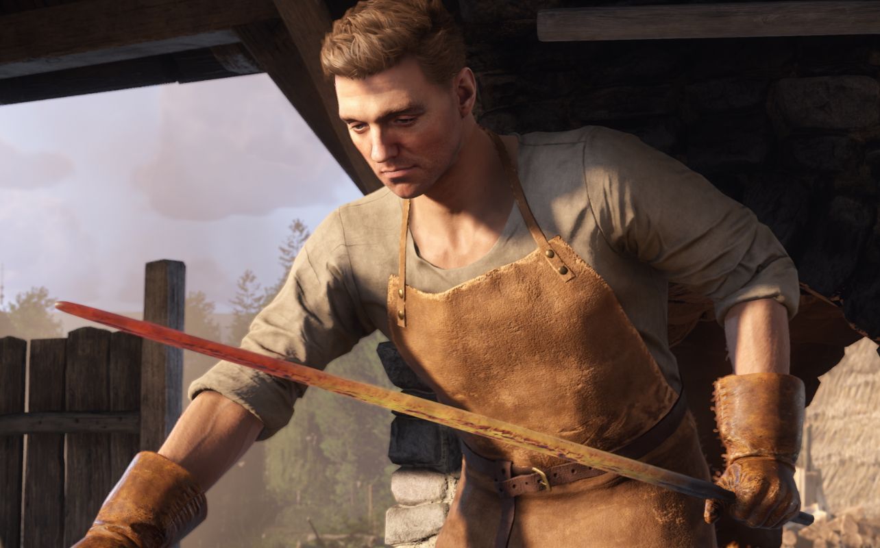 A screenshot of the video game Kingdom Come Deliverance II showing the main character working on forging a sword.