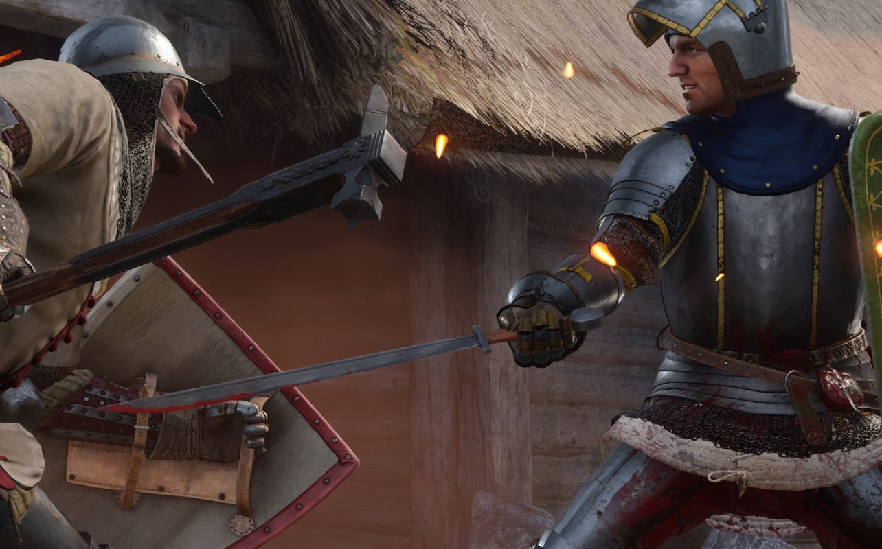 A screenshot of the video game Kingdom Come Deliverance II depicts a man with a sword in a battle with another man with a hammer.