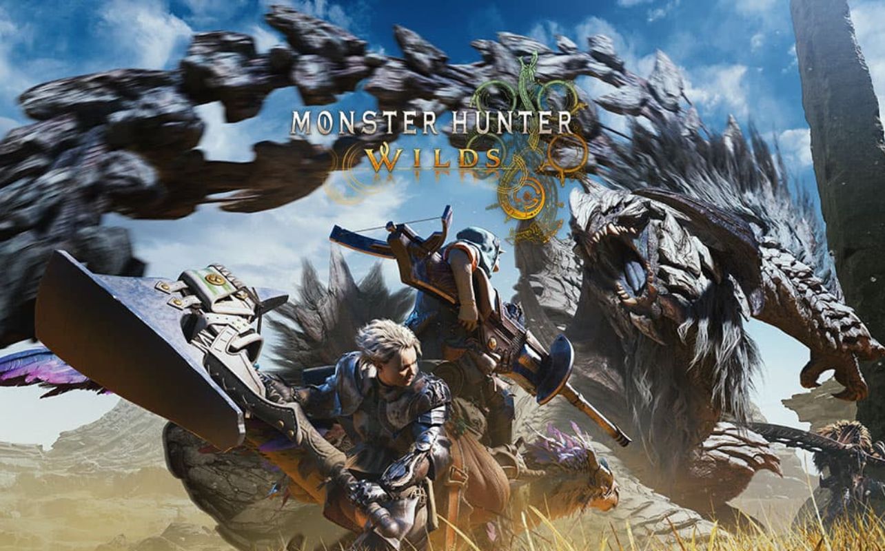 Capcom Spotlight Monster Hunter Wilds key art with two figures fighting a giant monster.