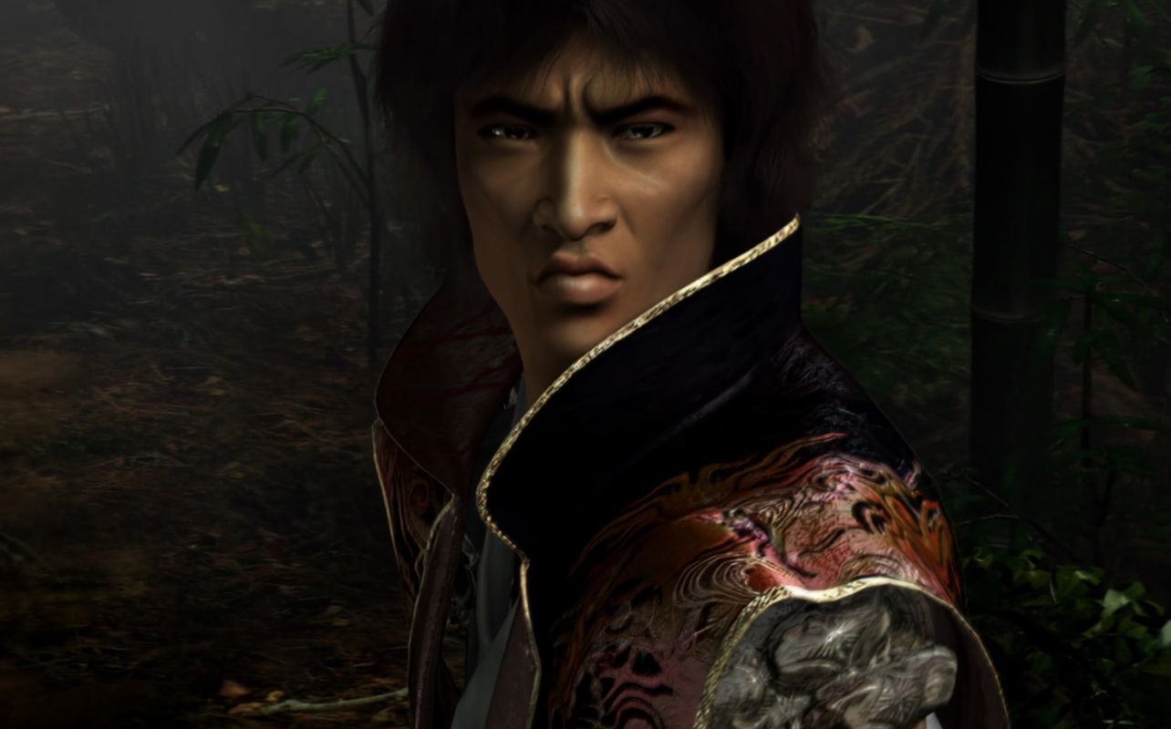 A lone samurai from Onimusha 2 stands in front of a dark forest.