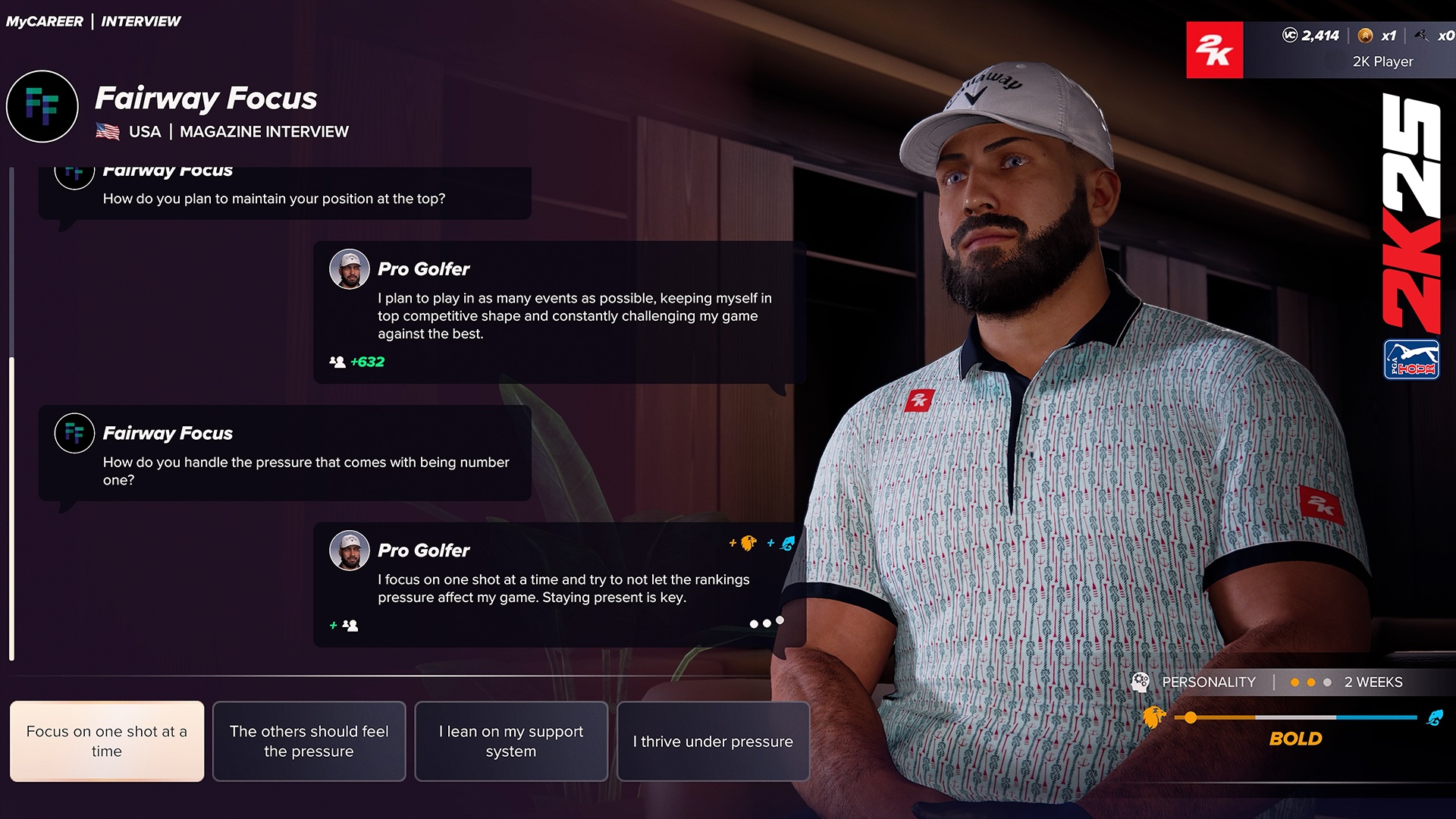 PGA Tour 2K25 a screenshot showing off the new interview system.